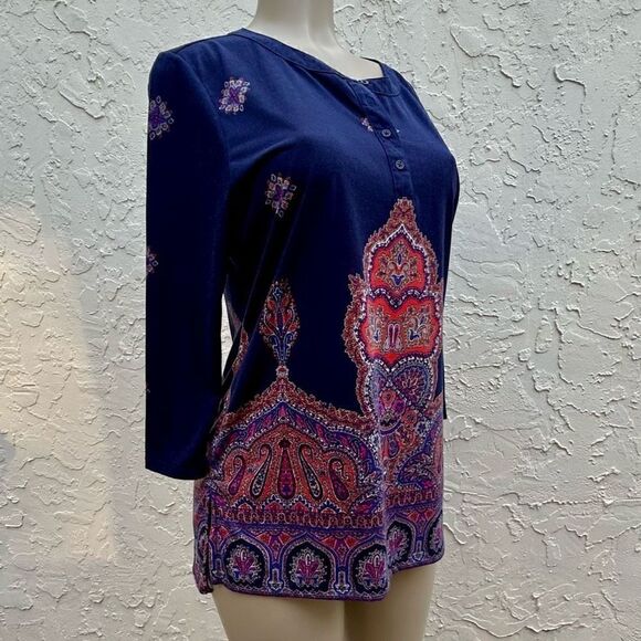 Liz Claiborne Womens Medium Paisley Heritage Tunic Blouse Quarter Sleeve - Picture 4 of 13